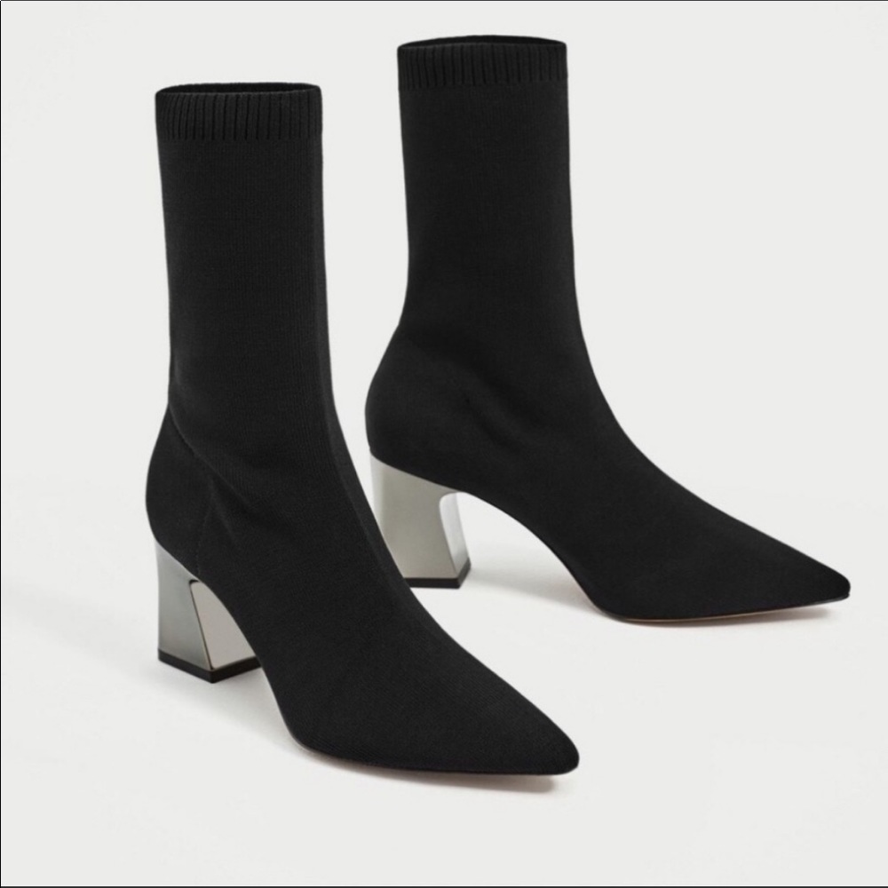 Zara Black Sock Boots Mirrored Silver Block Heel Size 5